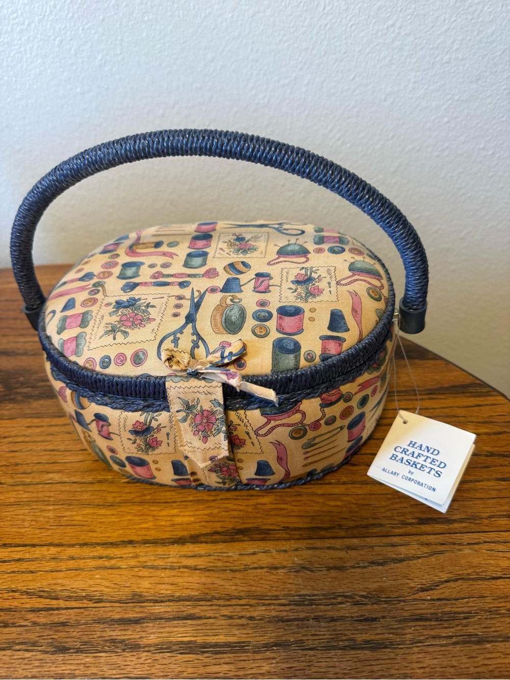 True vintage sewing  Basket Cottagecore Themed Oval Basket - Cream with Navy Tri